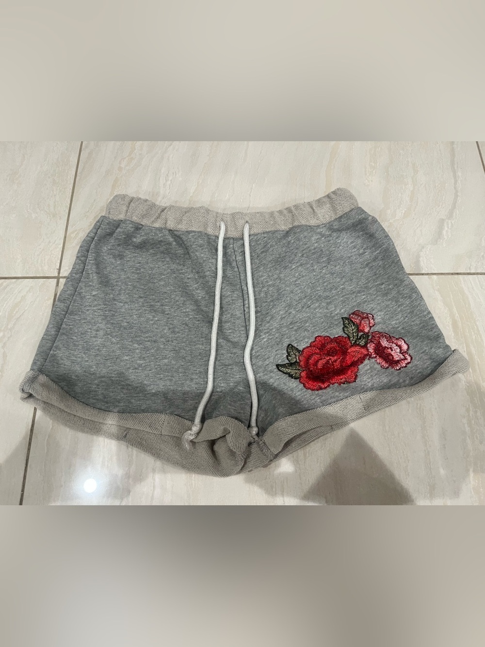 H&M Gray Lounge Shorts with Red Rose Embroidery